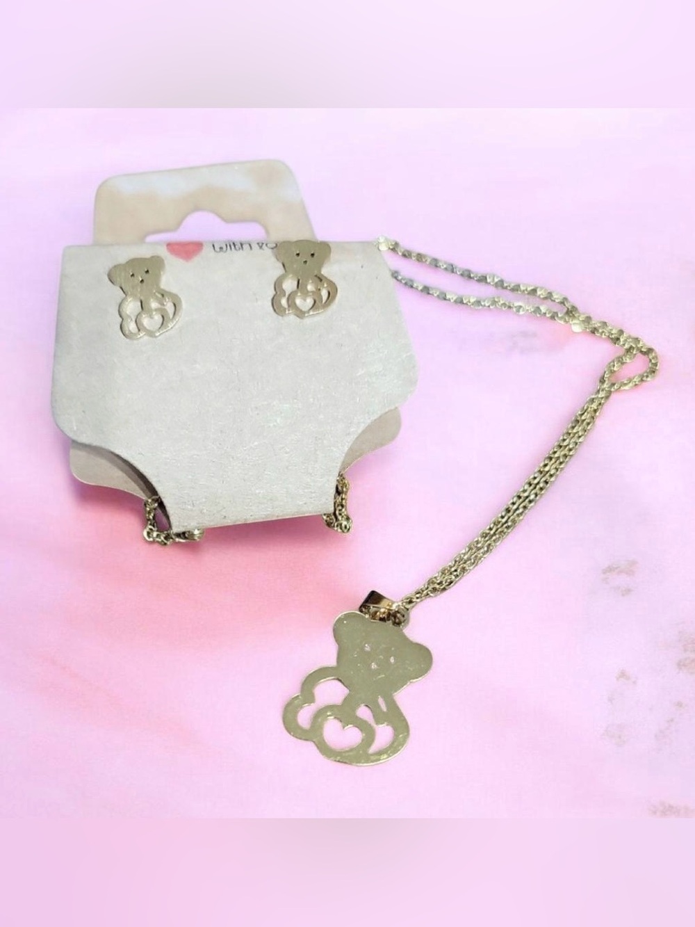 Handcrafted Gold Teddy Bear Necklace & Stud Earrings Set NEW